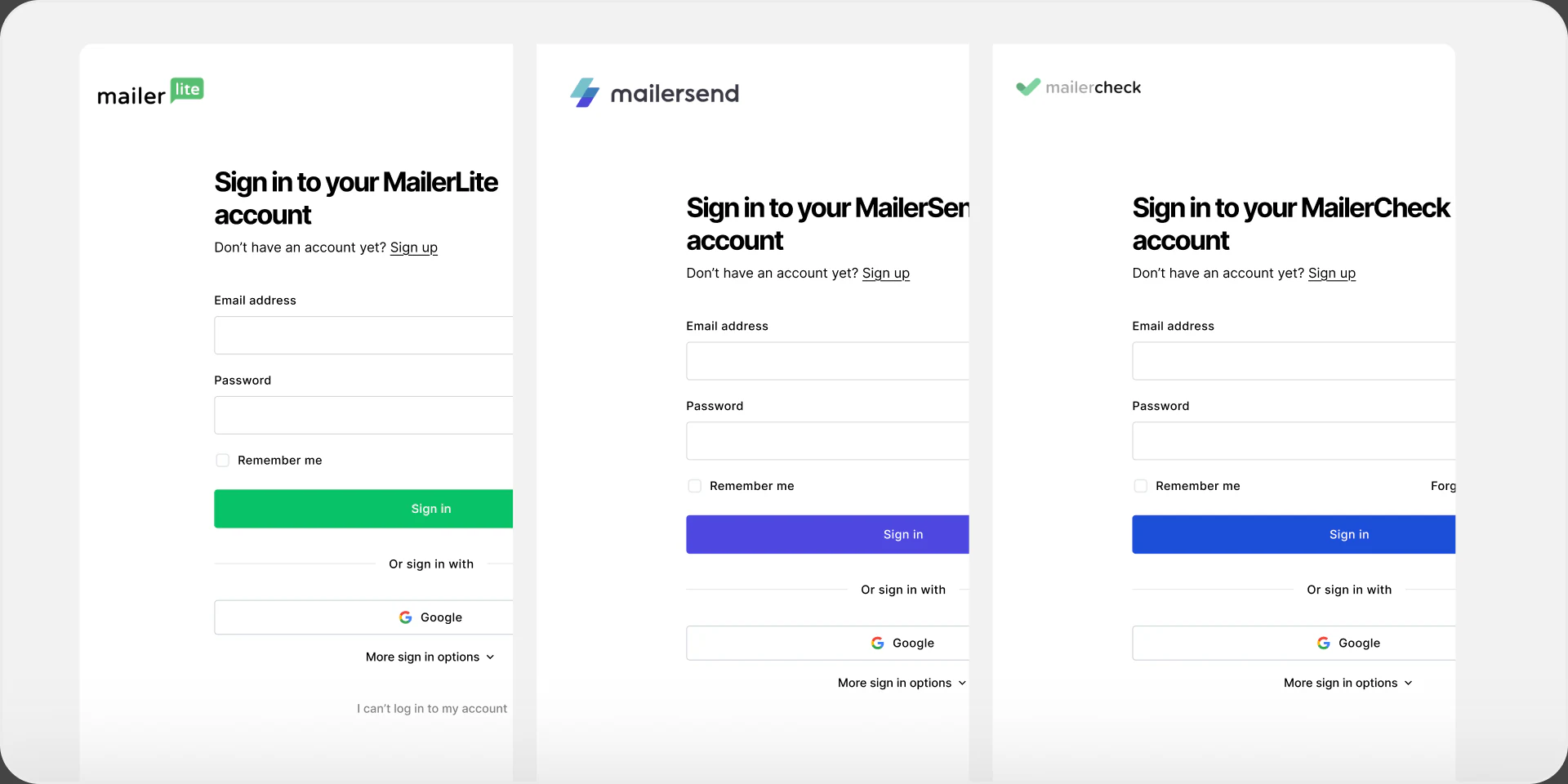 Sign-in screens for MailerLite, MailerSend and MailerCheck with consistent authentication choices.