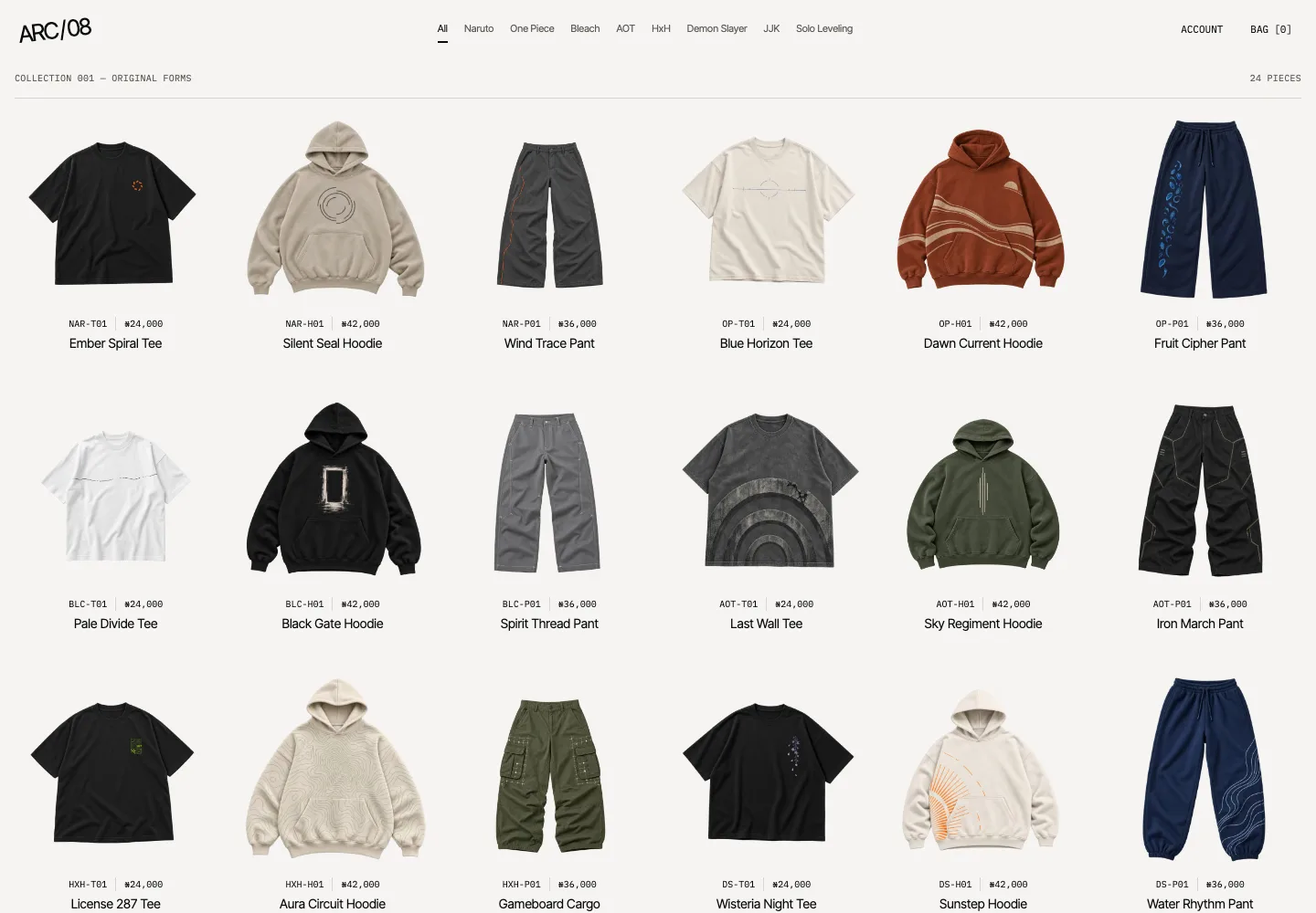 ARC/08 catalog with anime-inspired garments and collection navigation.