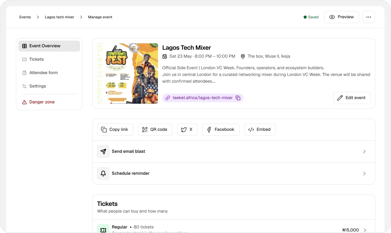 Teeket event management screen showing event details, ticket controls, email blasts, and reminders in one place.