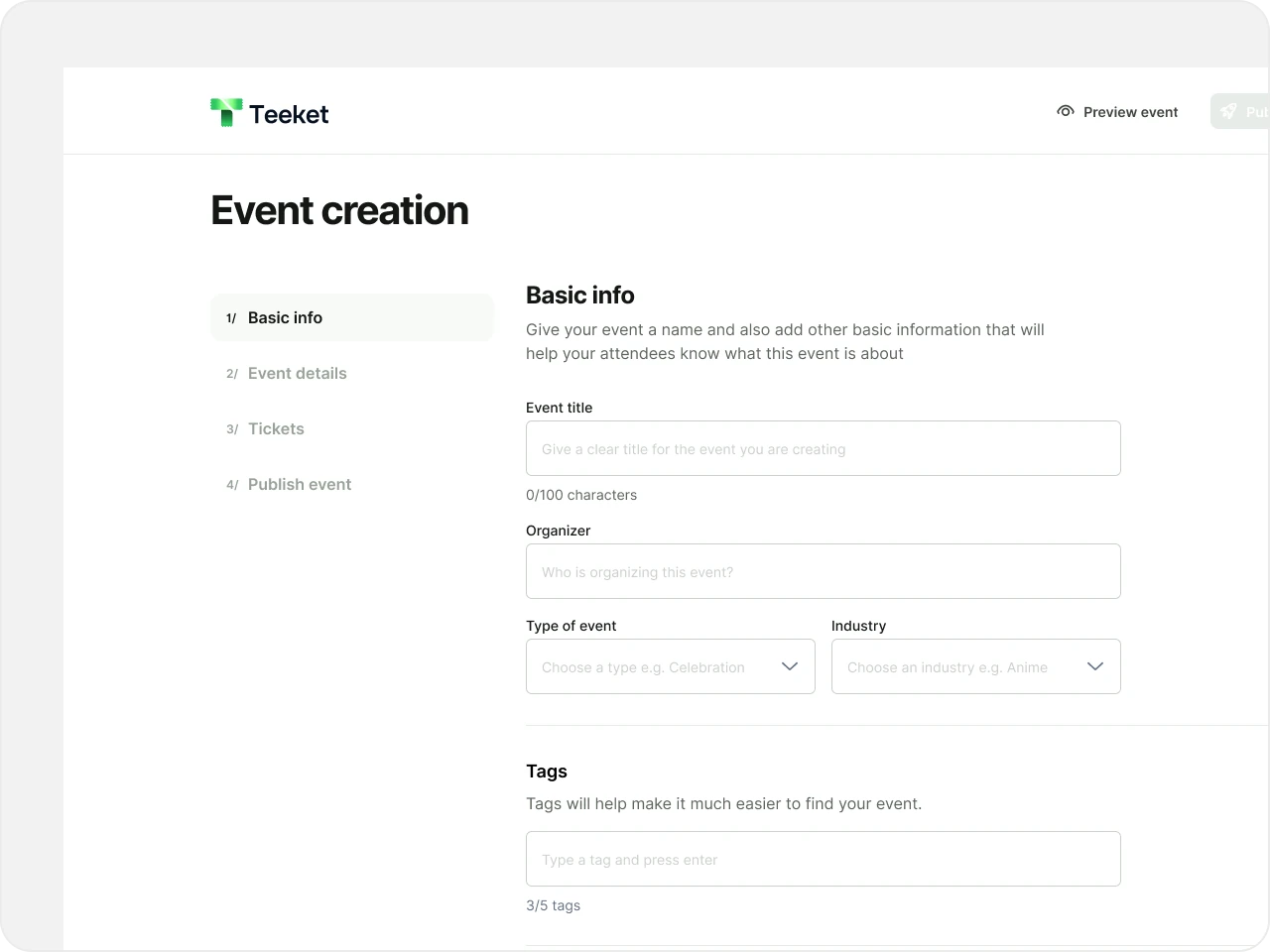 Before: Teeket event creation had a four-step sidebar with separate basic information, event details, tickets, and publishing stages.